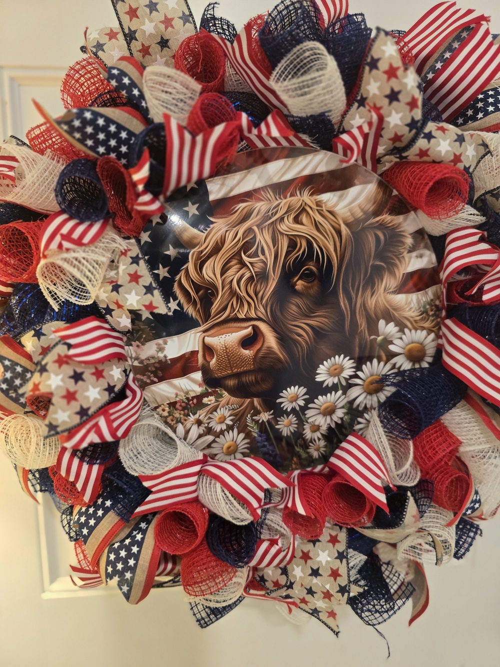 Patriotic Cow Floral Wreath - Red, White & Blue Highland COW uSA